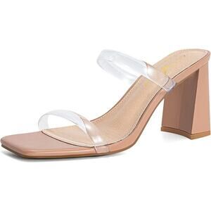 Athlefit Womens Size 7.5 Tan Open Toe Clear Strap 3.5" Heel Slip On Sandal Shoes